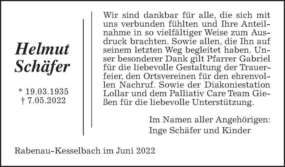  Traueranzeige für Helmut Schäfer vom 04.06.2022 aus Giessener Allgemeine, Alsfelder Allgemeine