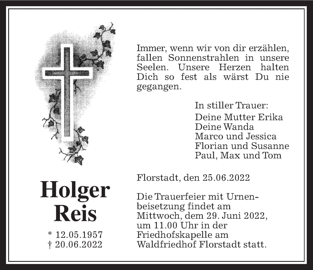  Traueranzeige für Holger Reis vom 25.06.2022 aus Wetterauer Zeitung