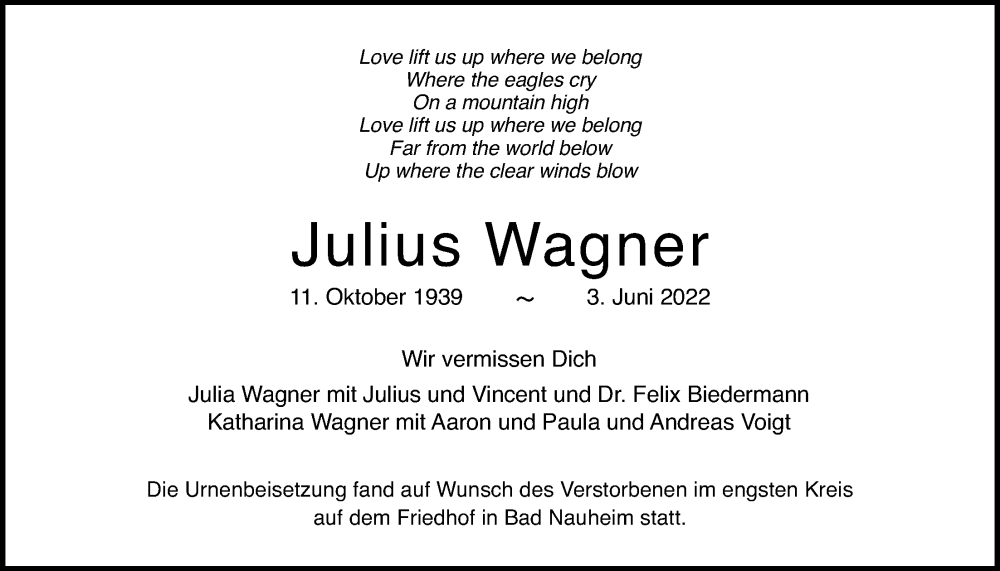  Traueranzeige für Julius Wagner vom 18.06.2022 aus Wetterauer Zeitung