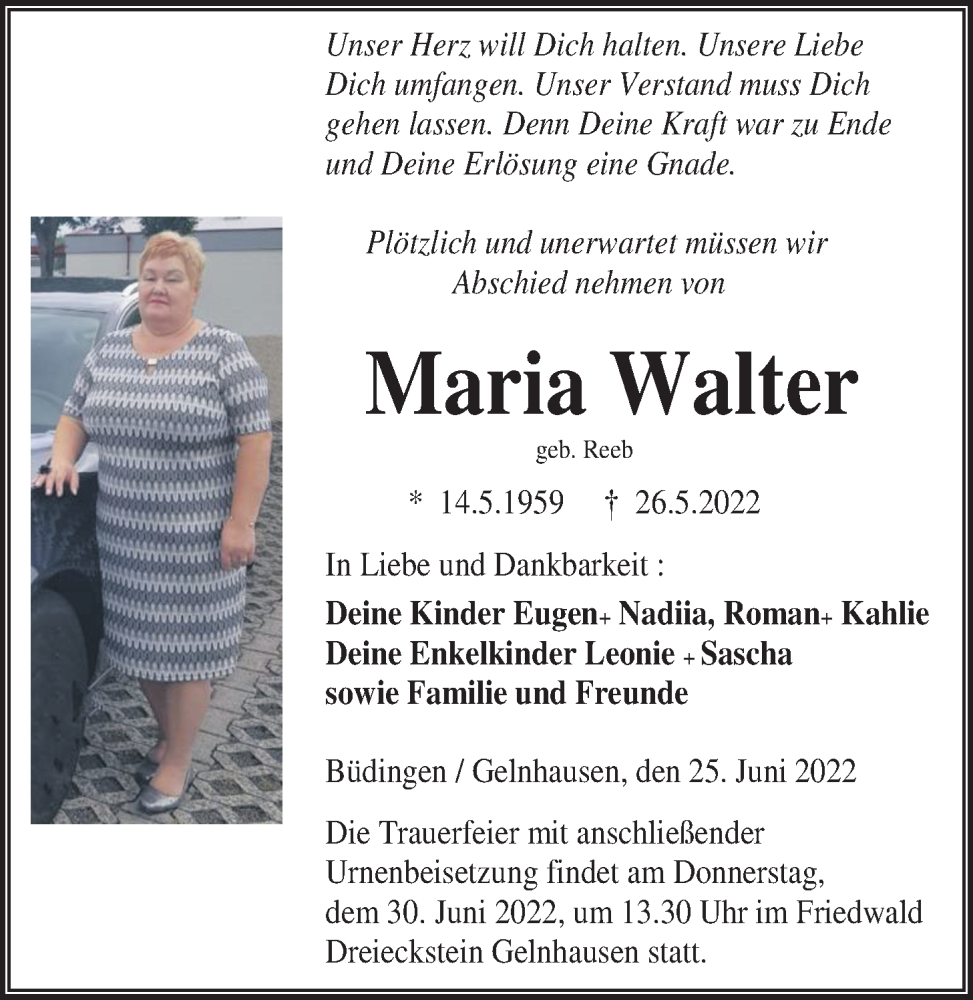  Traueranzeige für Maria Walter vom 25.06.2022 aus Kreis-Anzeiger