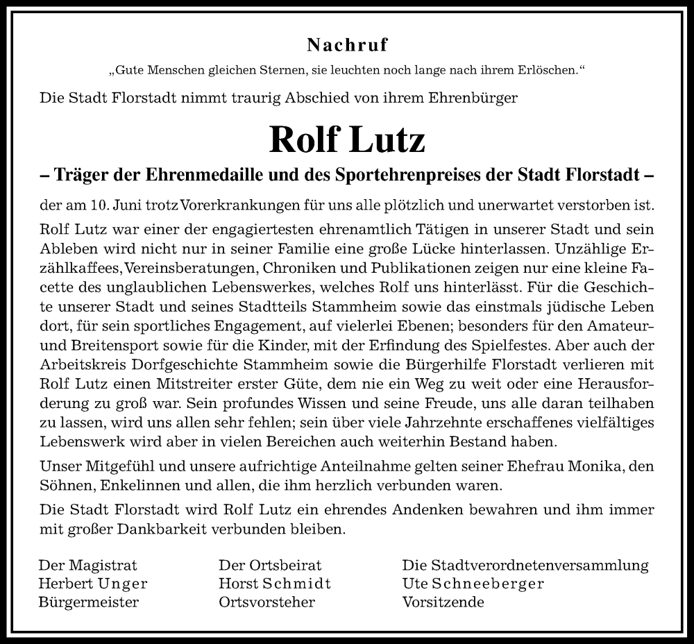  Traueranzeige für Rolf Lutz vom 25.06.2022 aus Wetterauer Zeitung, Kreis-Anzeiger