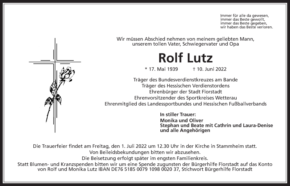 Traueranzeige für Rolf Lutz vom 25.06.2022 aus Wetterauer Zeitung, Giessener Allgemeine, Alsfelder Allgemeine
