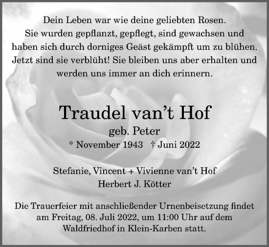Traueranzeige von Traudel vant Hof von Karbener Zeitung, Bad Vilbeler Anzeiger