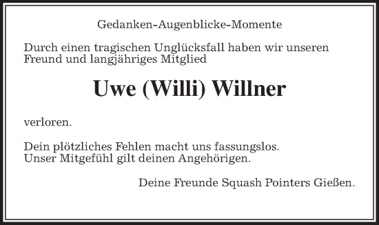 Traueranzeige von Uwe Willner von Giessener Anzeiger, Giessener Allgemeine, Alsfelder Allgemeine