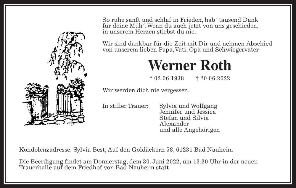  Traueranzeige für Werner Roth vom 25.06.2022 aus Wetterauer Zeitung
