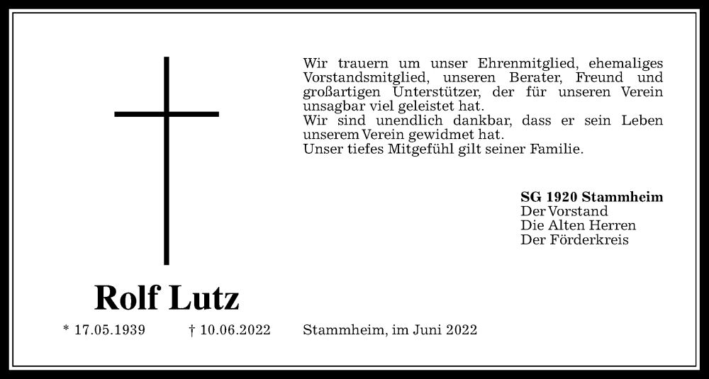  Traueranzeige für Rolf Lutz vom 25.06.2022 aus Wetterauer Zeitung