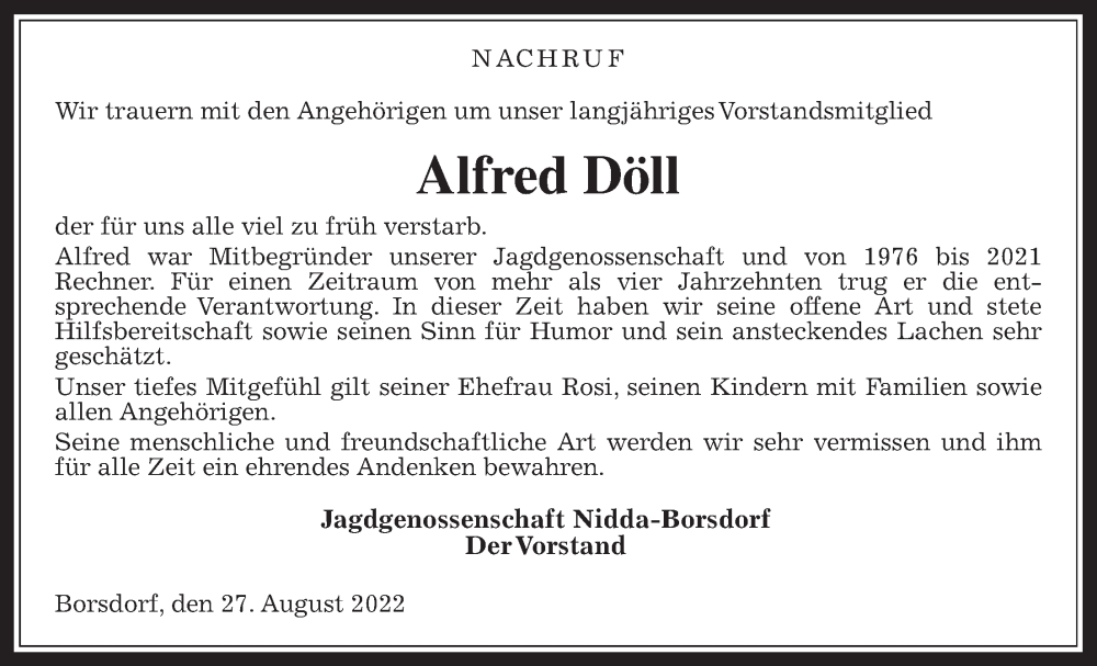  Traueranzeige für Alfred Döll vom 27.08.2022 aus Kreis-Anzeiger