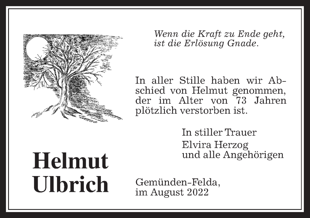  Traueranzeige für Helmut Ulbrich vom 20.08.2022 aus Alsfelder Allgemeine