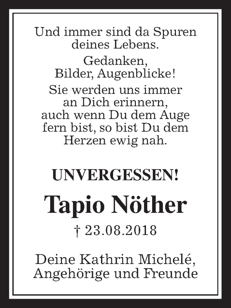  Traueranzeige für Tapio Nöther vom 23.08.2022 aus Wetterauer Zeitung