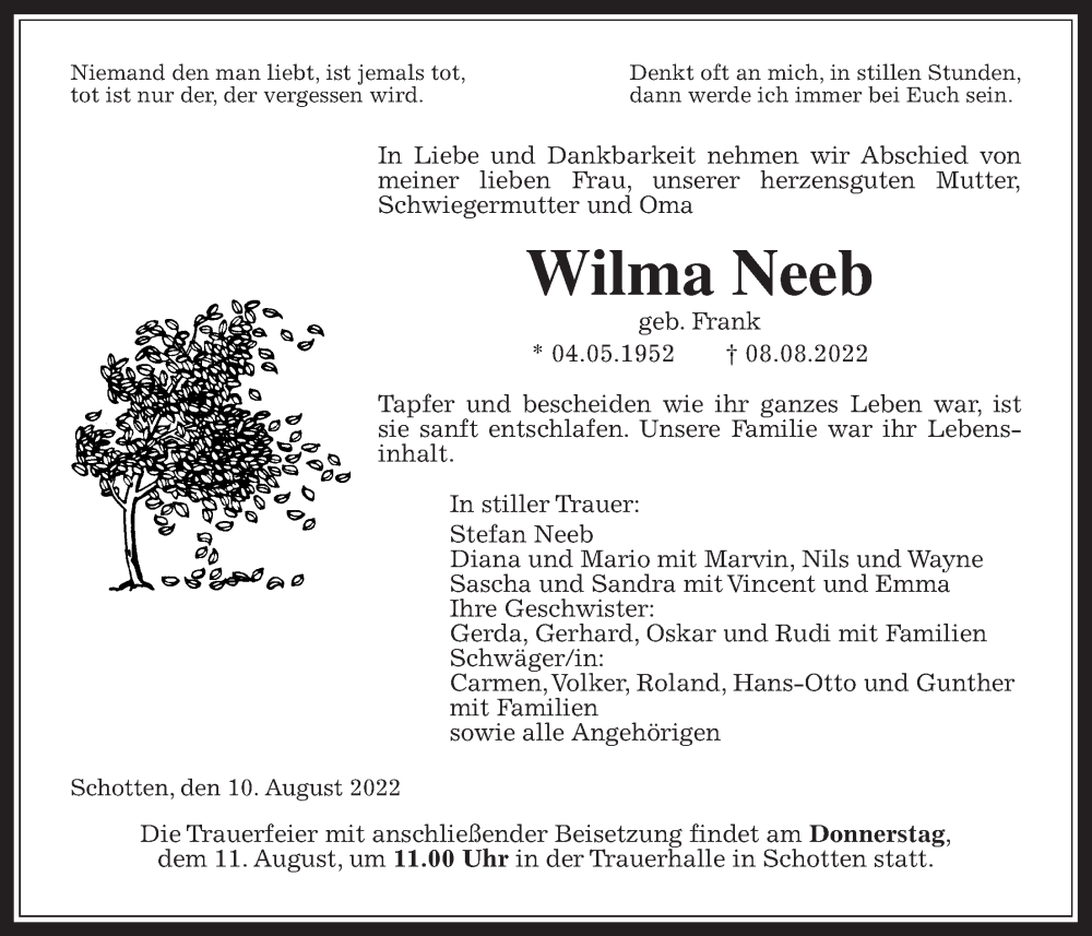  Traueranzeige für Wilma Neeb vom 10.08.2022 aus Kreis-Anzeiger