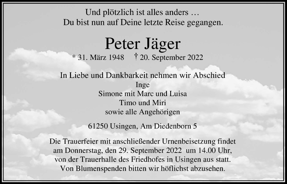  Traueranzeige für Peter Jäger vom 24.09.2022 aus Usinger Anzeiger