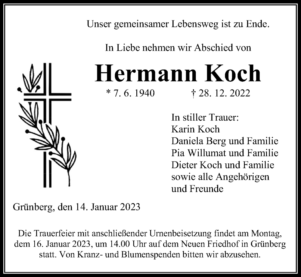  Traueranzeige für Hermann Koch vom 14.01.2023 aus Giessener Allgemeine, Alsfelder Allgemeine, Giessener Anzeiger
