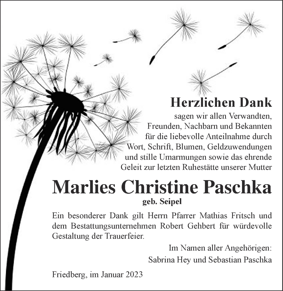  Traueranzeige für Marlies Christine Paschka vom 21.01.2023 aus Wetterauer Zeitung