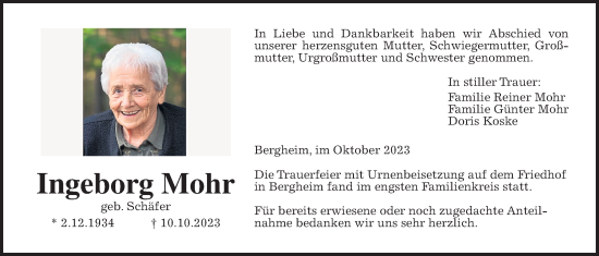 Traueranzeigen Von Ingeborg Mohr Mittelhessen Gedenkt De