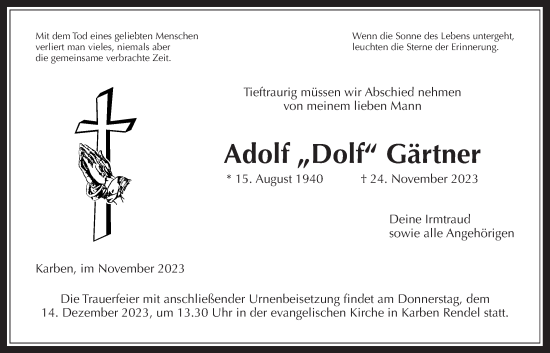 Traueranzeigen von Adolf Gärtner mittelhessengedenkt.de