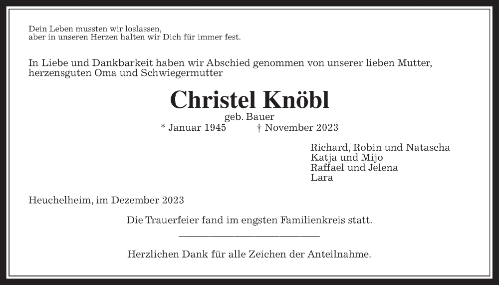  Traueranzeige für Christel Knöbl vom 16.12.2023 aus Giessener Allgemeine, Alsfelder Allgemeine