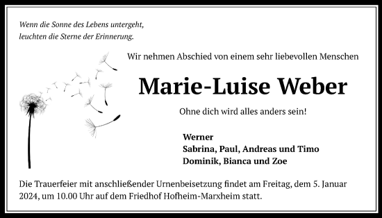Traueranzeige von Marie-Luise Weber 