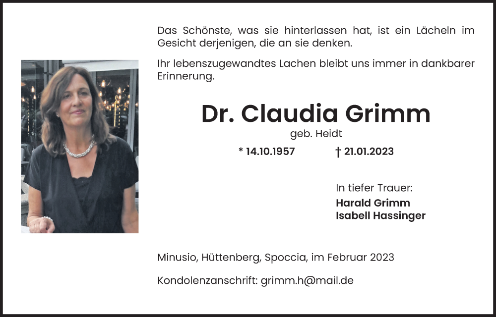  Traueranzeige für Claudia Grimm vom 04.02.2023 aus Giessener Anzeiger, Giessener Allgemeine, Alsfelder Allgemeine