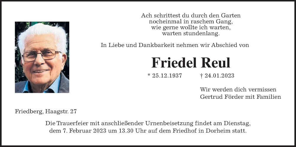  Traueranzeige für Friedel Reul vom 04.02.2023 aus Wetterauer Zeitung