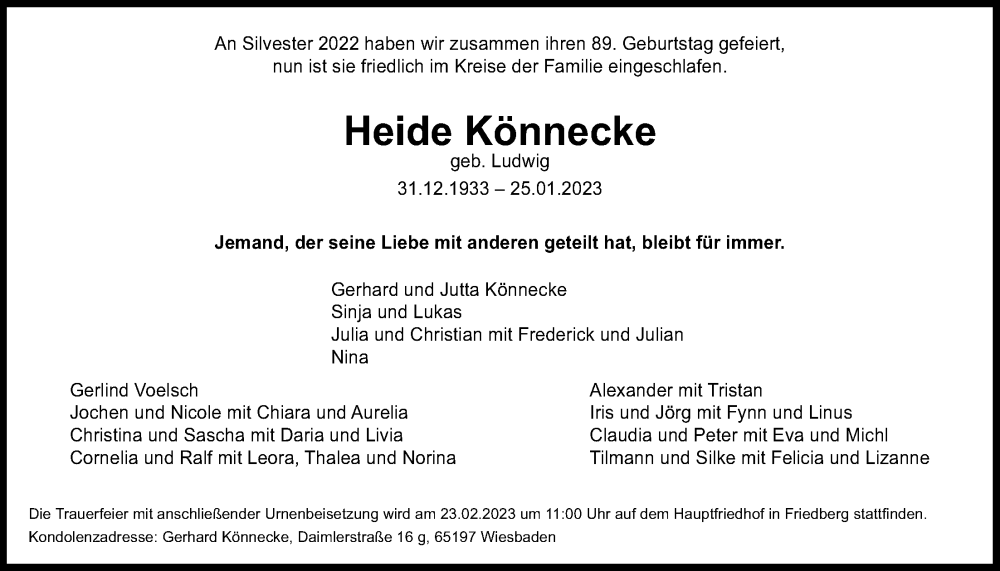  Traueranzeige für Heide Könnecke vom 04.02.2023 aus Wetterauer Zeitung