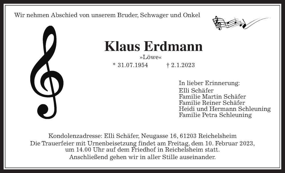  Traueranzeige für Klaus Erdmann vom 04.02.2023 aus Wetterauer Zeitung