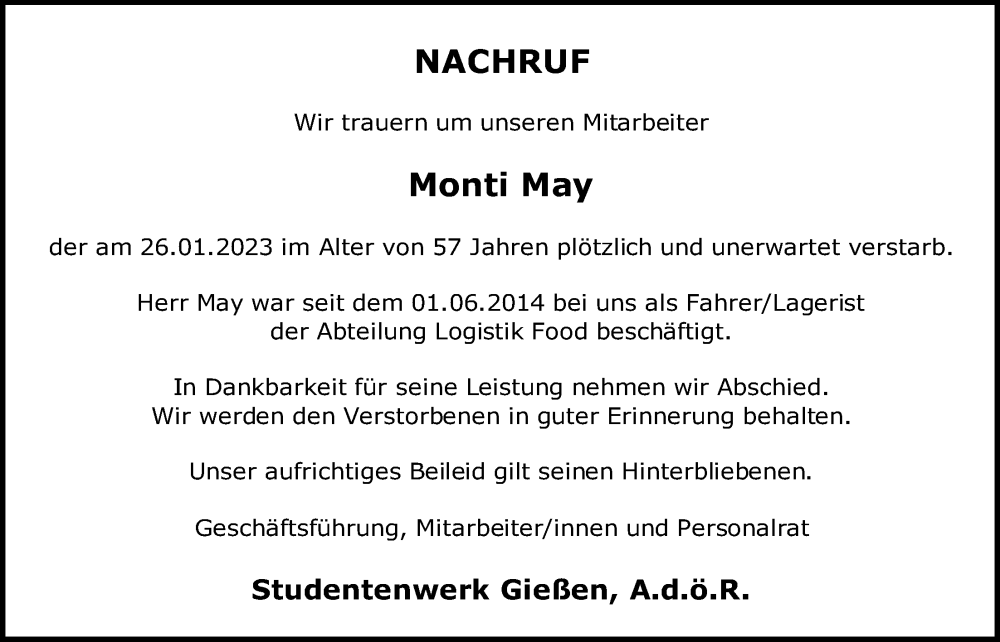  Traueranzeige für Monti May vom 04.02.2023 aus Giessener Anzeiger, Giessener Allgemeine, Alsfelder Allgemeine