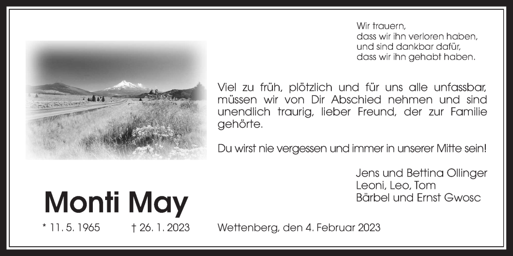  Traueranzeige für Monti May vom 04.02.2023 aus Giessener Anzeiger