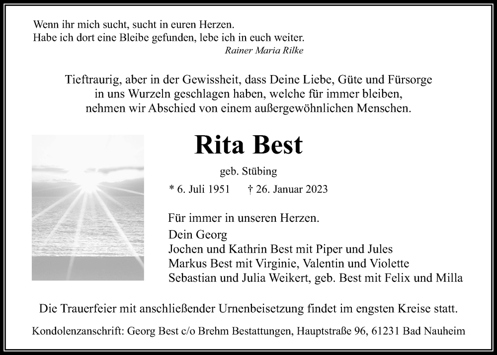  Traueranzeige für Rita Best vom 04.02.2023 aus Wetterauer Zeitung