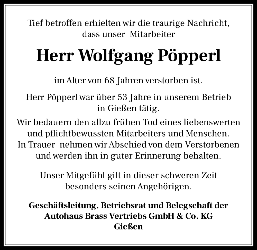  Traueranzeige für Wolfgang Pöpperl vom 11.02.2023 aus Giessener Allgemeine, Alsfelder Allgemeine, Giessener Anzeiger