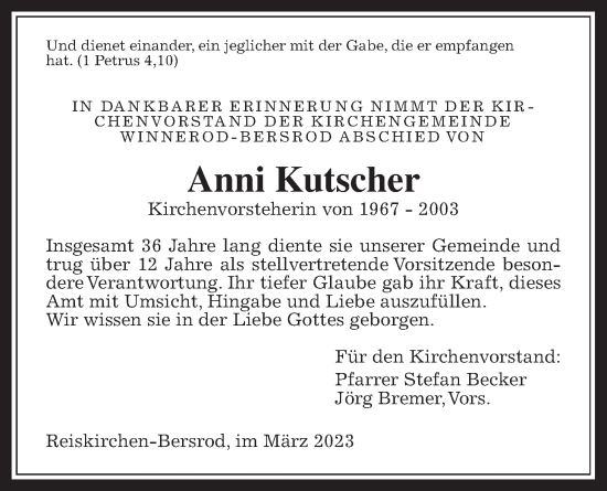 Traueranzeige von Anni Kutscher von Giessener Allgemeine, Alsfelder Allgemeine, Giessener Anzeiger