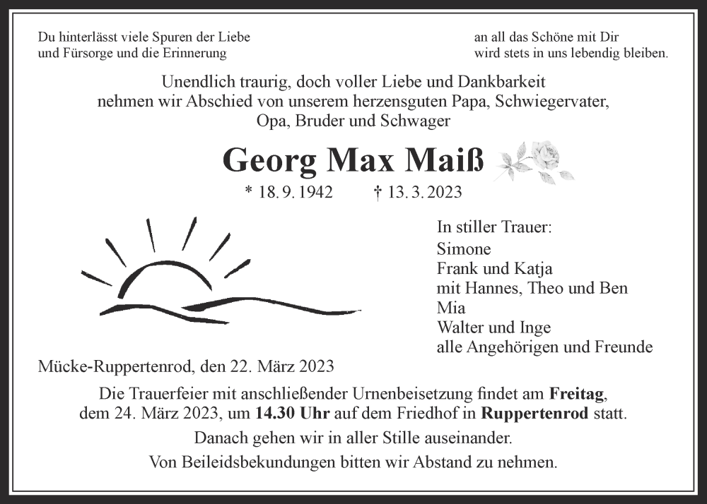  Traueranzeige für Georg Max Maiß vom 22.03.2023 aus Giessener Allgemeine, Alsfelder Allgemeine