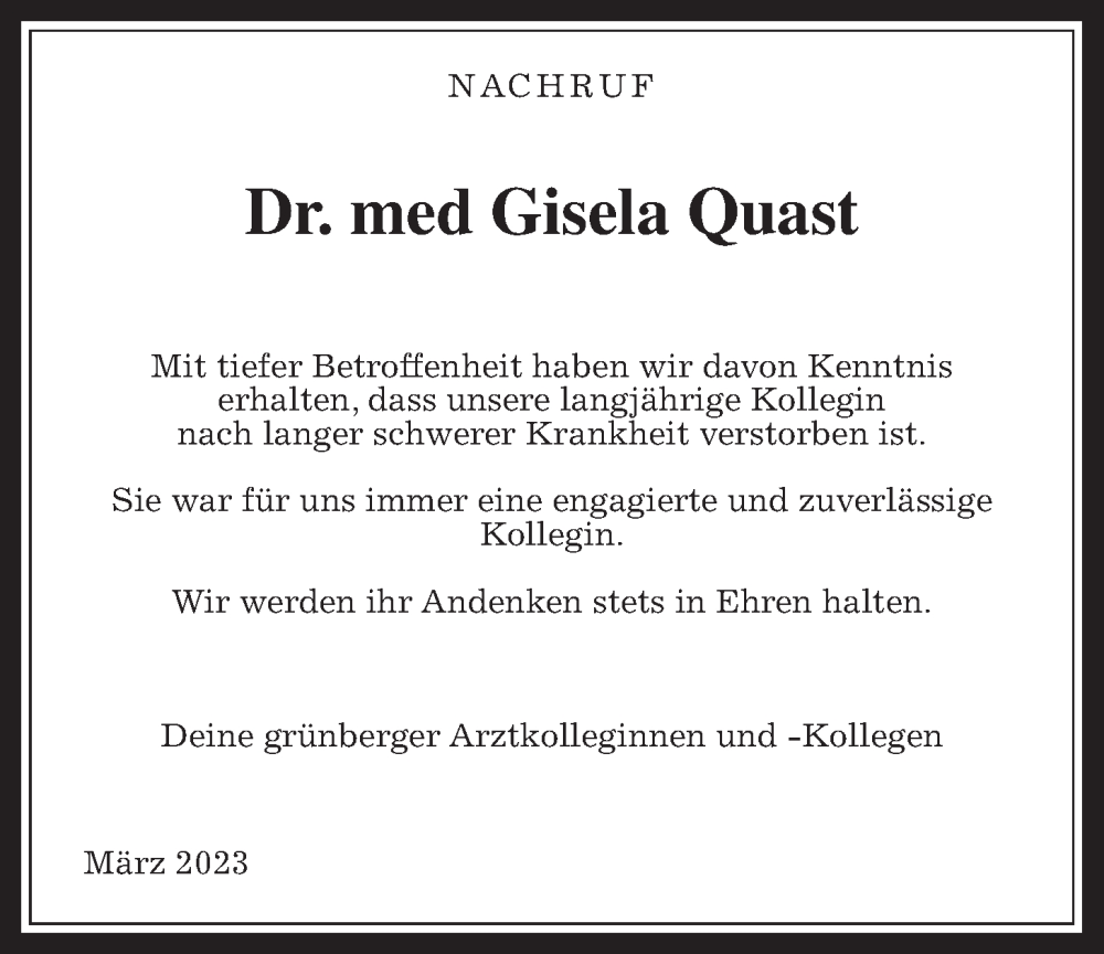  Traueranzeige für Gisela Quast vom 16.03.2023 aus Giessener Allgemeine, Alsfelder Allgemeine