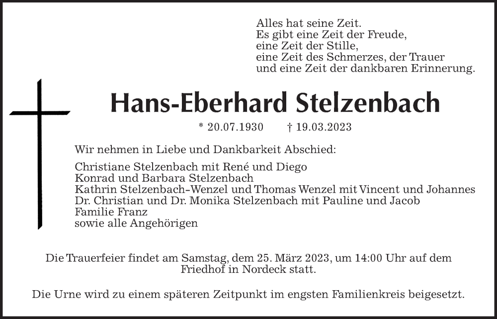  Traueranzeige für Hans-Eberhard Stelzenbach vom 23.03.2023 aus Giessener Anzeiger, Giessener Allgemeine, Alsfelder Allgemeine, Allendorfer Mitteilungen