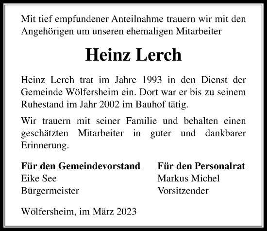 Traueranzeige von Heinz Lerch von Wetterauer Zeitung
