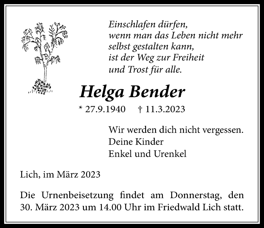  Traueranzeige für Helga Bender vom 23.03.2023 aus Licher Wochenblatt