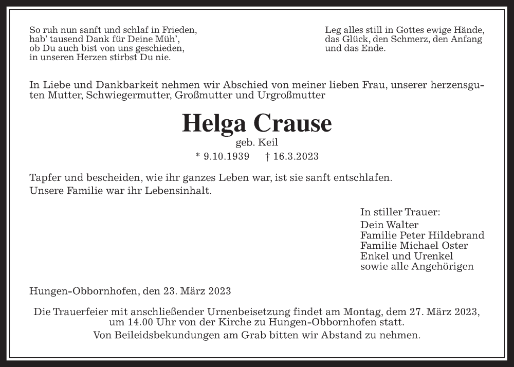  Traueranzeige für Helga Crause vom 23.03.2023 aus Licher Wochenblatt