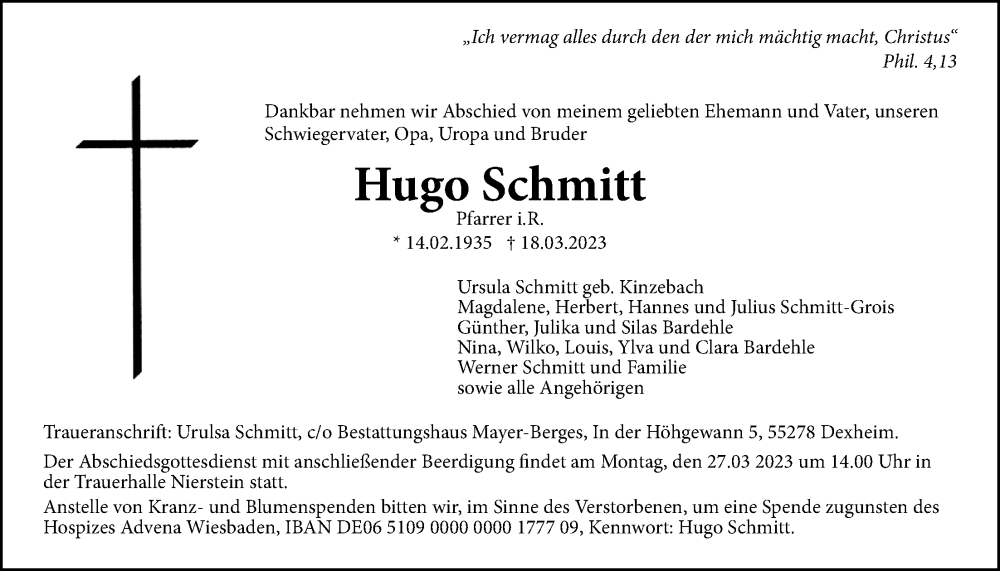  Traueranzeige für Hugo Schmitt vom 22.03.2023 aus Giessener Anzeiger, Giessener Allgemeine, Alsfelder Allgemeine