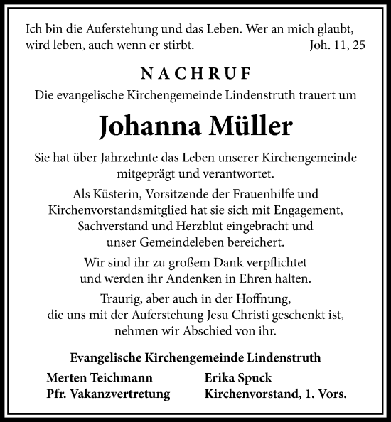 Traueranzeige von Johanna Müller von Giessener Anzeiger, Giessener Allgemeine, Alsfelder Allgemeine