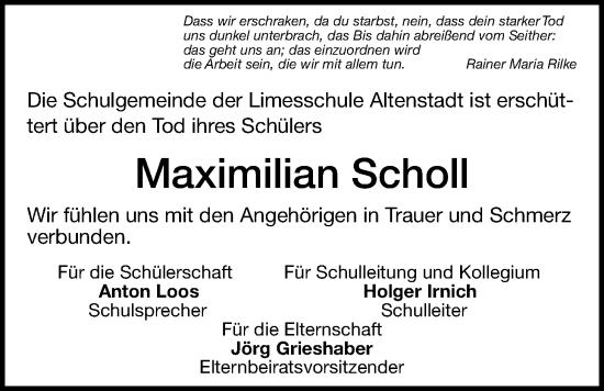 Traueranzeige von Maximillian Scholl von Kreis-Anzeiger