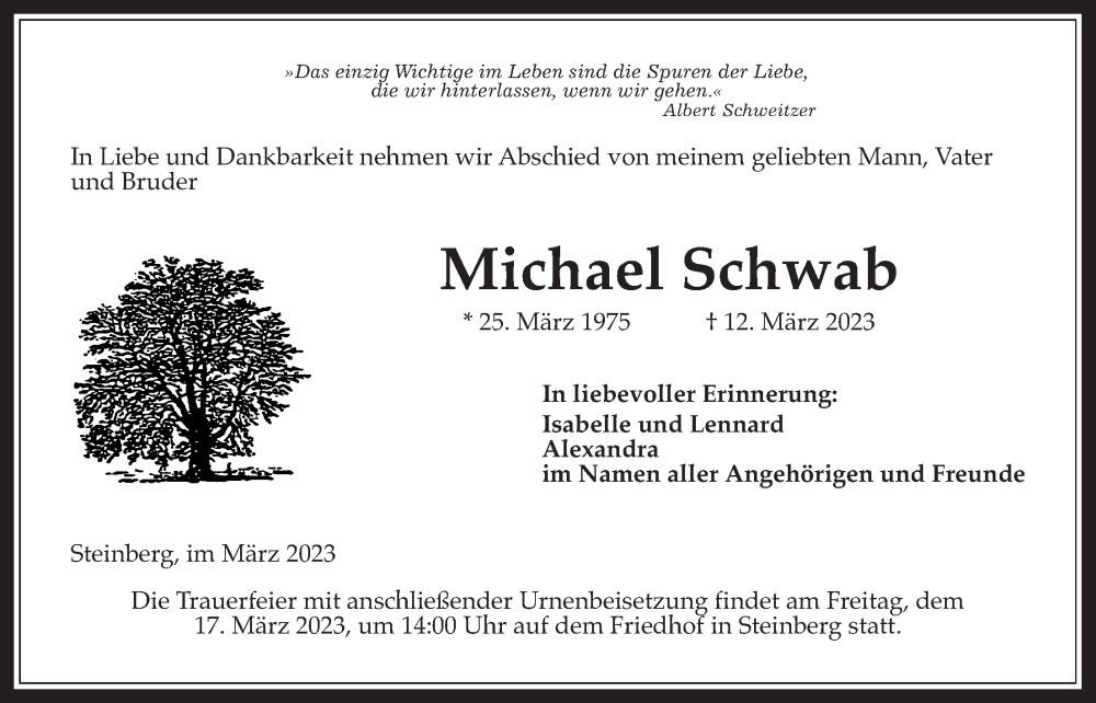  Traueranzeige für Michael Schwab vom 15.03.2023 aus Kreis-Anzeiger