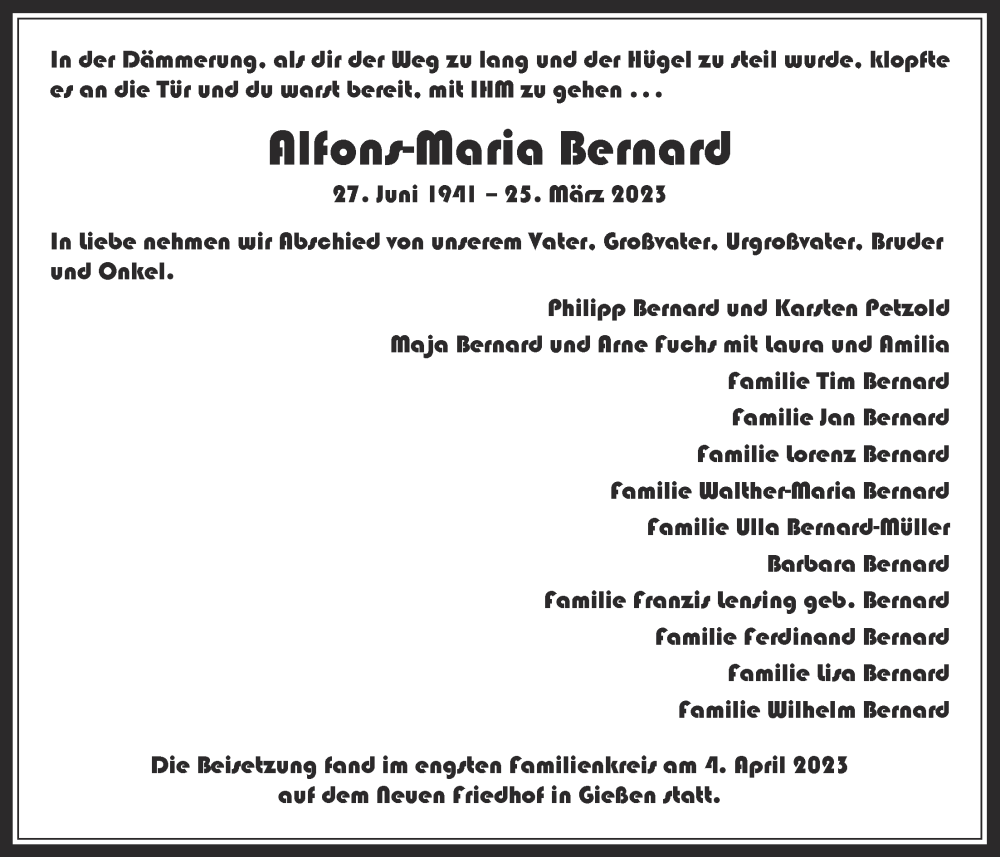  Traueranzeige für Alfons-Maria Bernard vom 08.04.2023 aus Giessener Allgemeine, Alsfelder Allgemeine