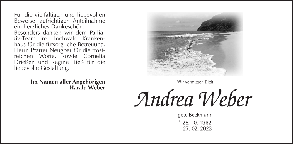  Traueranzeige für Andrea Weber vom 01.04.2023 aus Wetterauer Zeitung