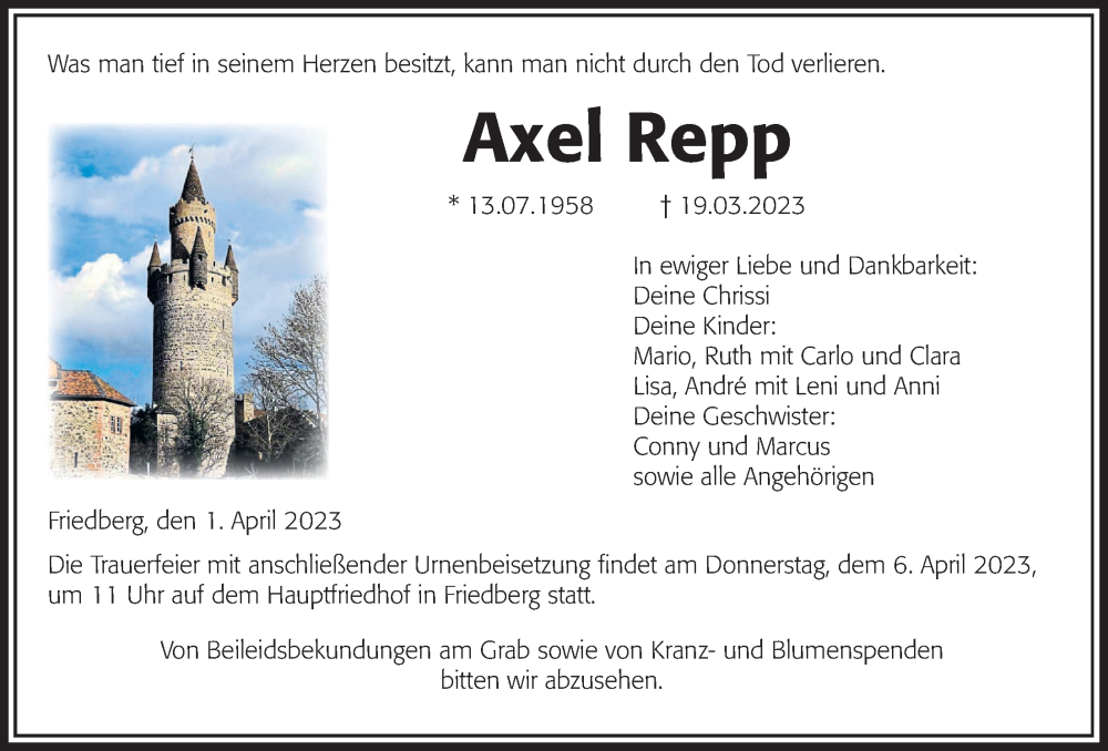  Traueranzeige für Axel Repp vom 01.04.2023 aus Wetterauer Zeitung