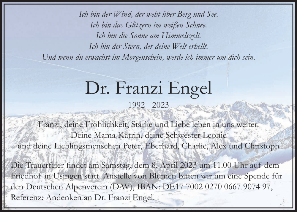  Traueranzeige für Franzi Engel vom 01.04.2023 aus Usinger Anzeiger