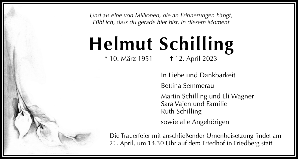  Traueranzeige für Helmut Schilling vom 15.04.2023 aus Wetterauer Zeitung
