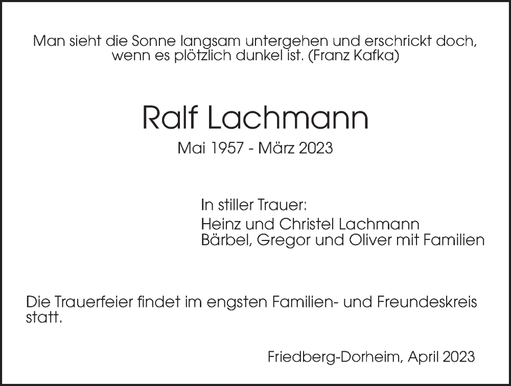  Traueranzeige für Ralf Lachmann vom 08.04.2023 aus Wetterauer Zeitung