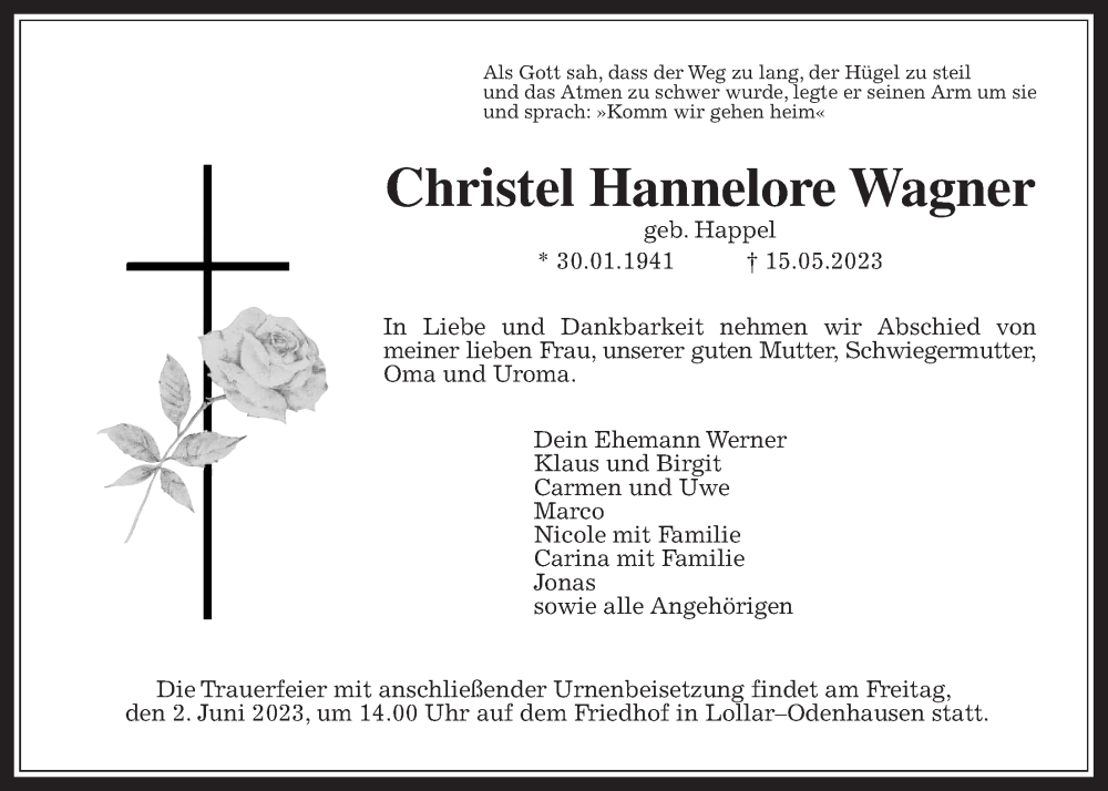  Traueranzeige für Christel Hannelore Wagner vom 27.05.2023 aus Giessener Allgemeine, Alsfelder Allgemeine