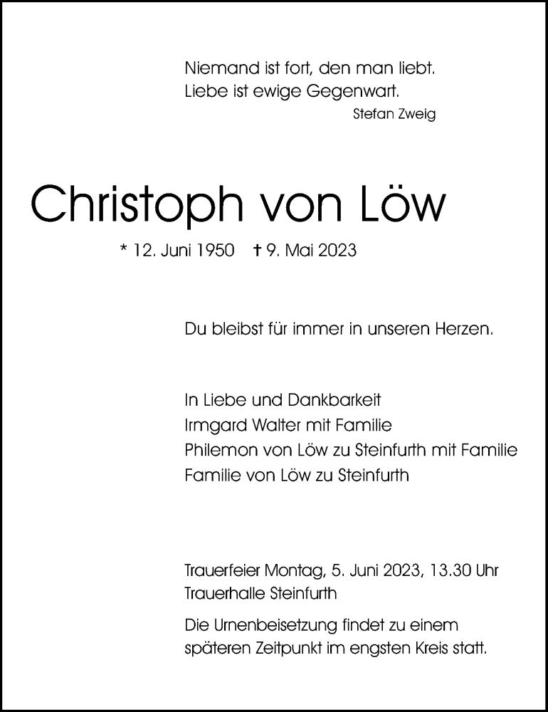  Traueranzeige für Christoph von Löw vom 27.05.2023 aus Wetterauer Zeitung