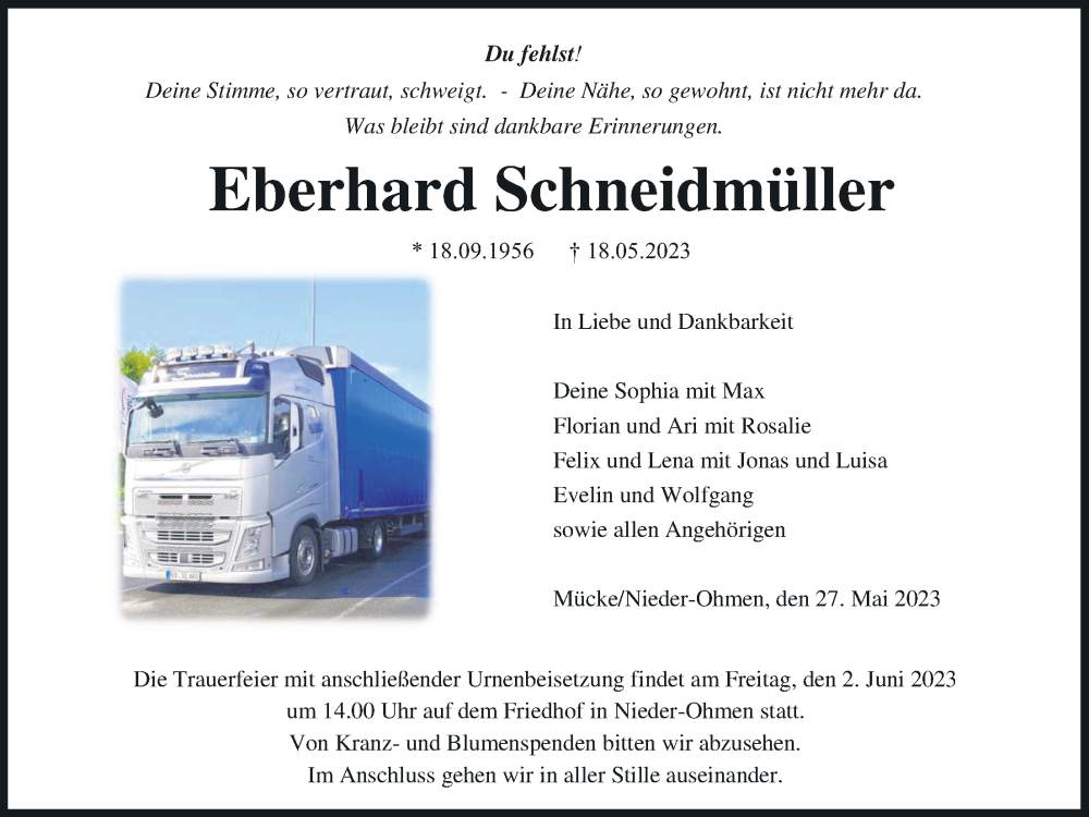  Traueranzeige für Eberhard Schneidmüller vom 27.05.2023 aus Giessener Allgemeine, Alsfelder Allgemeine