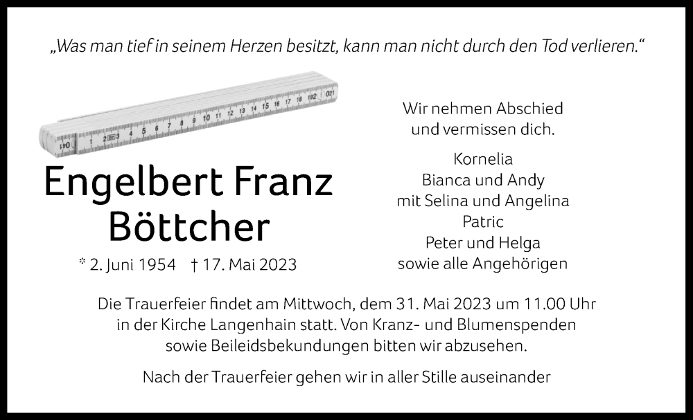  Traueranzeige für Engelbert Franz Böttcher vom 27.05.2023 aus Wetterauer Zeitung